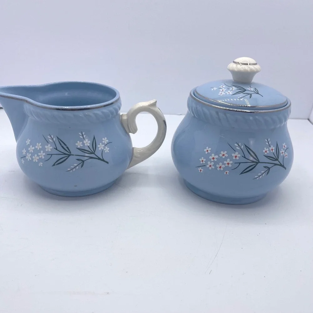 Vintage Kraft Blue Home & Garden Sugar Bowl‎ Creamer Set Floral Daisy Made USA
